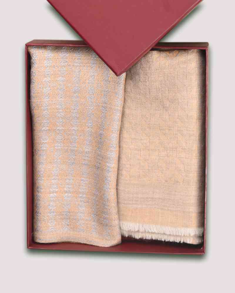 Beige Fine Wool Zari Chevron Pattern Stole & Yellow Acrylic Texture Muffler Combo